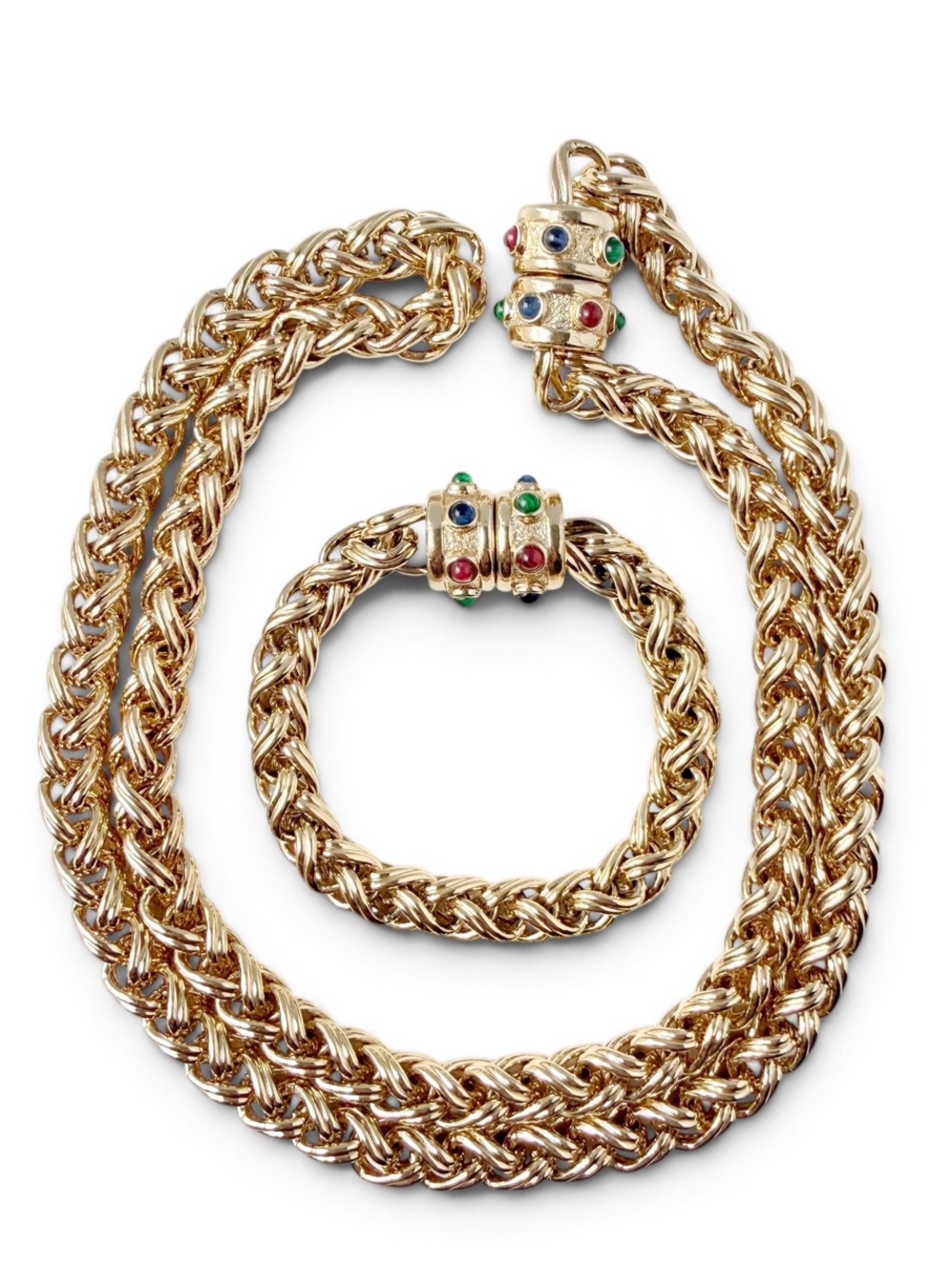Vintage RAU KLIKIT Moghul Gripoix Style Cabochon Wheat Chain Necklace Bracelet